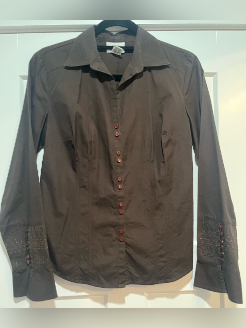 LOFT 100% Chocolate Brown Button-Up Shirt Embroidered Cuffs Size 8